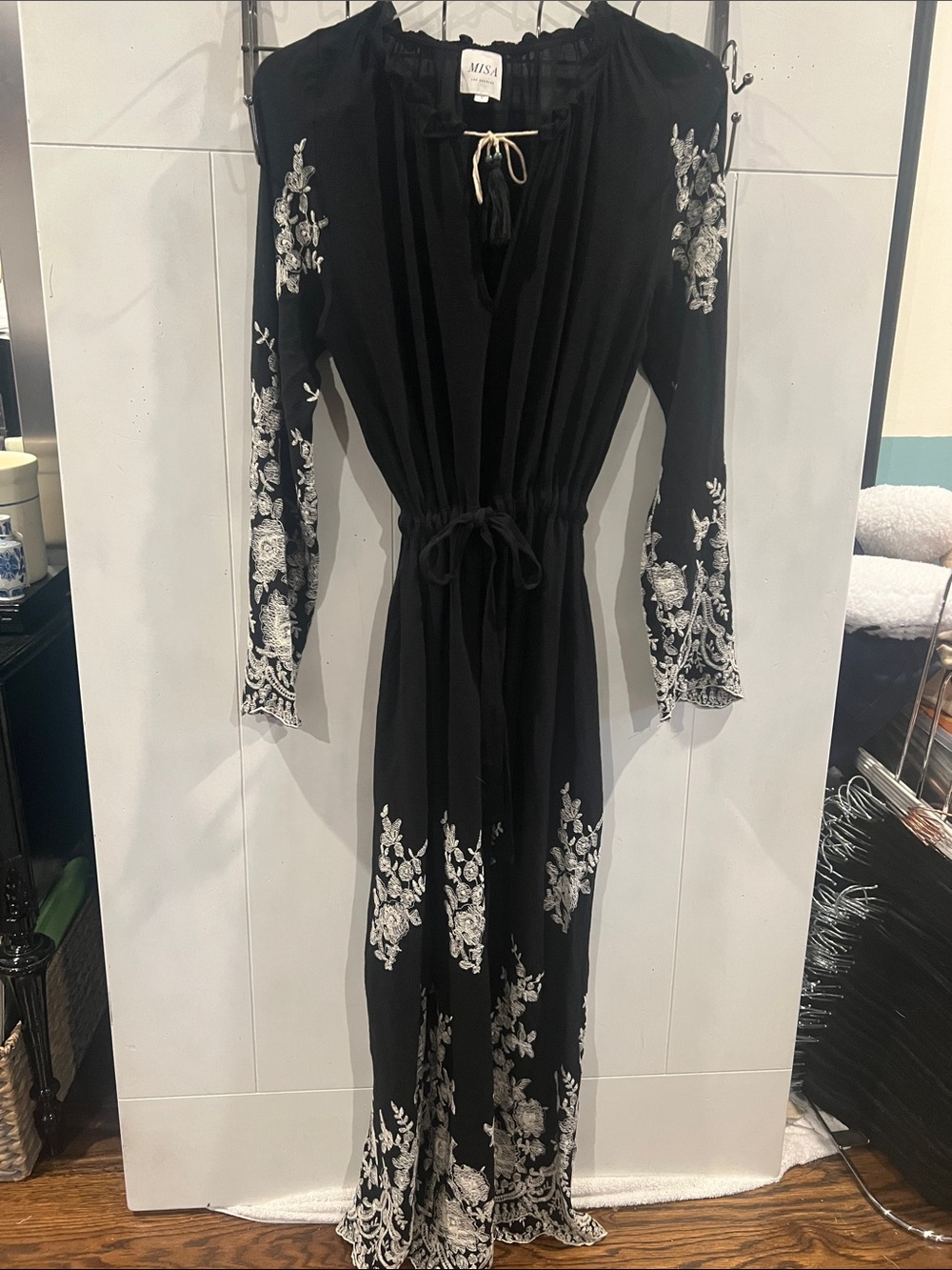 Misa Los Angeles Black Maxi Dress with White Floral Embroidery